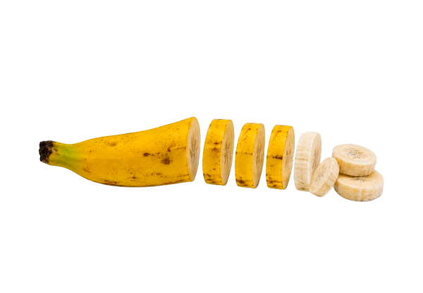 Banana sliced from fresh to freeze-dried transition